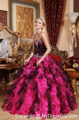 Sweetheart Beading Organza Ruffles Black and Red Quinceanera Dress