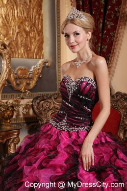 Sweetheart Beading Organza Ruffles Black and Red Quinceanera Dress