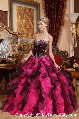 Sweetheart Beading Organza Ruffles Black and Red Quinceanera Dress