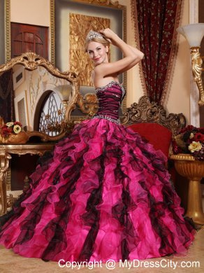 Sweetheart Beading Organza Ruffles Black and Red Quinceanera Dress