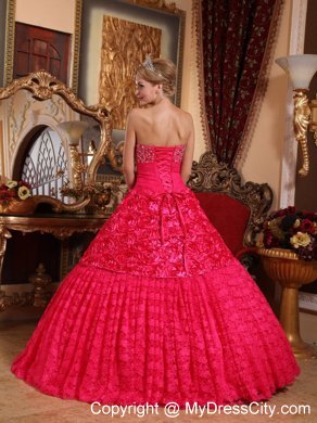 Beaded Strapless Special?Embossed?Fabric Red Dress for Quinceanera