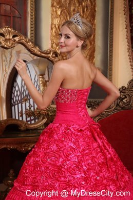 Beaded Strapless Special?Embossed?Fabric Red Dress for Quinceanera