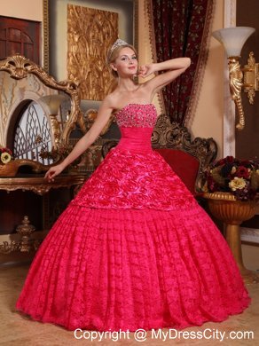 Beaded Strapless Special?Embossed?Fabric Red Dress for Quinceanera