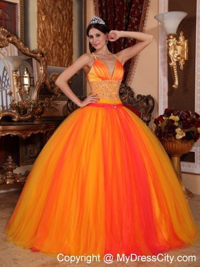 Taffeta and Tulle Spaghetti Straps Two-toned Quinceanera Dress