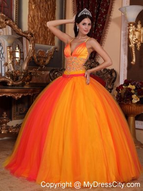 Taffeta and Tulle Spaghetti Straps Two-toned Quinceanera Dress