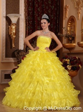 Organza Strapless Beading Ruffled 2013 Yellow Quinceanera Gowns