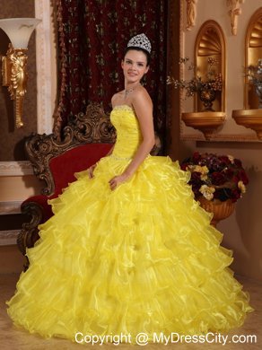 Organza Strapless Beading Ruffled 2013 Yellow Quinceanera Gowns