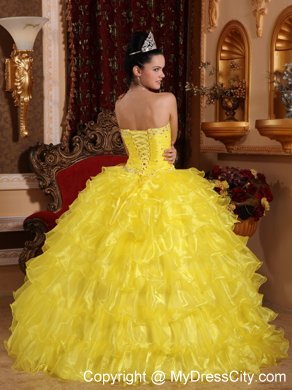 Organza Strapless Beading Ruffled 2013 Yellow Quinceanera Gowns