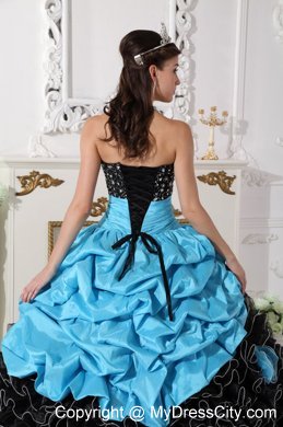 2013 Ruffled Beading Ruches Blue and White Flowers Quinceanera Dress