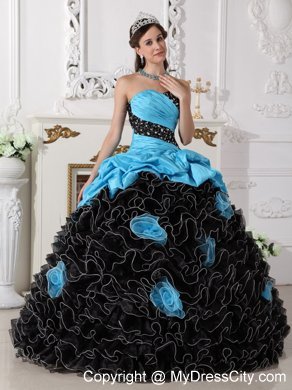 2013 Ruffled Beading Ruches Blue and White Flowers Quinceanera Dress