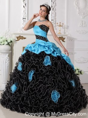 2013 Ruffled Beading Ruches Blue and White Flowers Quinceanera Dress