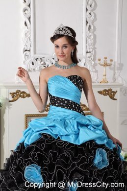 2013 Ruffled Beading Ruches Blue and White Flowers Quinceanera Dress