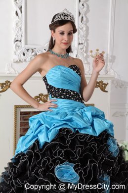 2013 Ruffled Beading Ruches Blue and White Flowers Quinceanera Dress