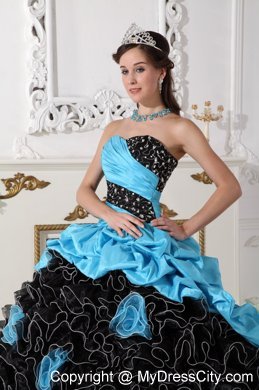 2013 Ruffled Beading Ruches Blue and White Flowers Quinceanera Dress