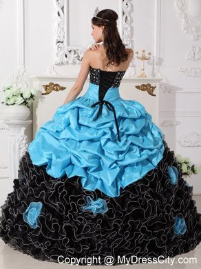 2013 Ruffled Beading Ruches Blue and White Flowers Quinceanera Dress