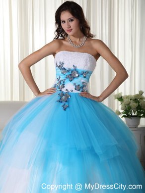 Tulle Ball Gown Strapless White and Blue Dress for Sweet 15