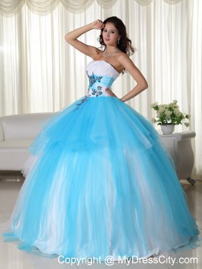 Tulle Ball Gown Strapless White and Blue Dress for Sweet 15