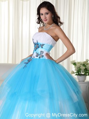 Tulle Ball Gown Strapless White and Blue Dress for Sweet 15