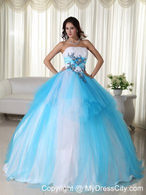 Tulle Ball Gown Strapless White and Blue Dress for Sweet 15