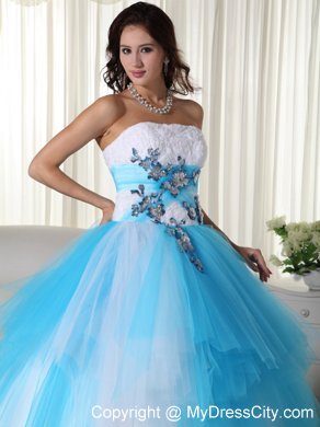 Tulle Ball Gown Strapless White and Blue Dress for Sweet 15