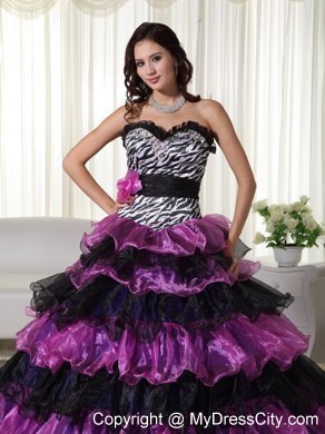 Organza Sweetheart Zebra Purple and Black Quinceanera Dress