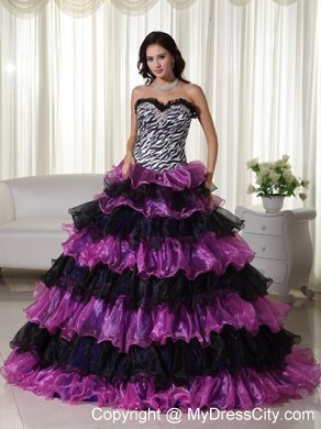 Organza Sweetheart Zebra Purple and Black Quinceanera Dress