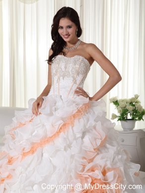 White and Orange Ruffles Organza Flowers Quinceanera Dresses