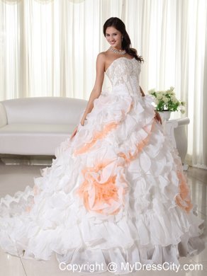 White and Orange Ruffles Organza Flowers Quinceanera Dresses