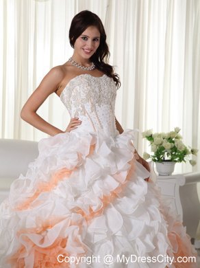 White and Orange Ruffles Organza Flowers Quinceanera Dresses