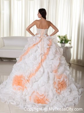 White and Orange Ruffles Organza Flowers Quinceanera Dresses