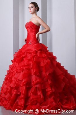 Red Organza Sweetheart Beading and Ruffles Quinceanera Dress