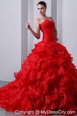 Red Organza Sweetheart Beading and Ruffles Quinceanera Dress