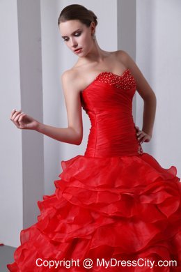 Red Organza Sweetheart Beading and Ruffles Quinceanera Dress