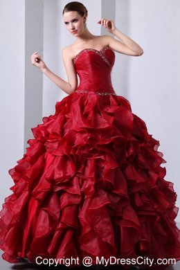 Wine Red Floor-length Organza Quinceanera Dress with Ruffles