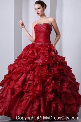 Wine Red Floor-length Organza Quinceanera Dress with Ruffles