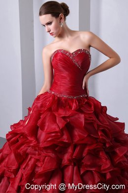 Wine Red Floor-length Organza Quinceanera Dress with Ruffles