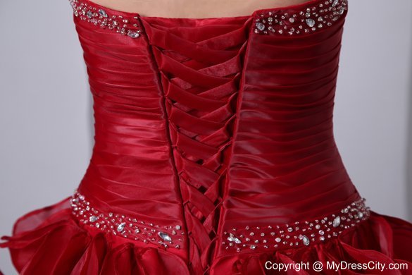 Wine Red Floor-length Organza Quinceanera Dress with Ruffles