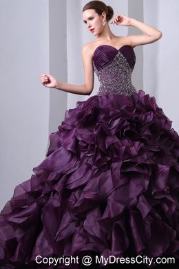 Hot Style Purple Brush Train Beading and Ruffles Quinceanera Dress