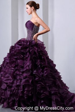 Hot Style Purple Brush Train Beading and Ruffles Quinceanera Dress