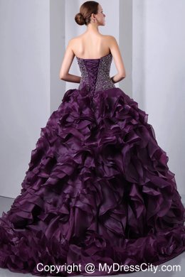 Hot Style Purple Brush Train Beading and Ruffles Quinceanera Dress