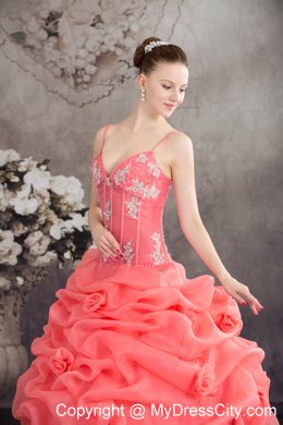 Quinceanera Dress Watermelon Spaghetti Straps with Appliques and Pick-ups