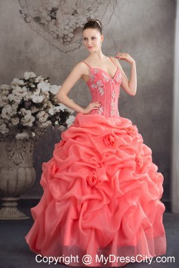 Quinceanera Dress Watermelon Spaghetti Straps with Appliques and Pick-ups