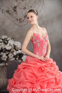 Quinceanera Dress Watermelon Spaghetti Straps with Appliques and Pick-ups