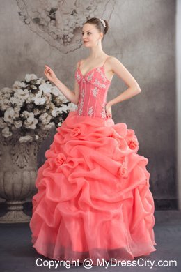 Quinceanera Dress Watermelon Spaghetti Straps with Appliques and Pick-ups