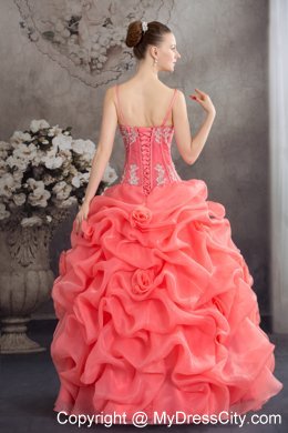 Quinceanera Dress Watermelon Spaghetti Straps with Appliques and Pick-ups