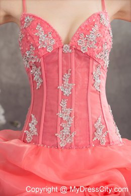 Quinceanera Dress Watermelon Spaghetti Straps with Appliques and Pick-ups