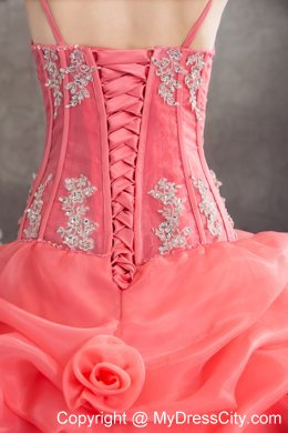 Quinceanera Dress Watermelon Spaghetti Straps with Appliques and Pick-ups