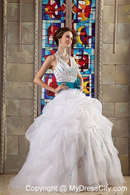 White Halter Quinceanea Dress with Hand-made Flowers Belt