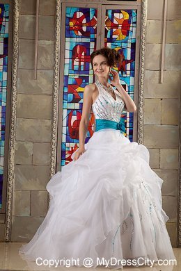 White Halter Quinceanea Dress with Hand-made Flowers Belt