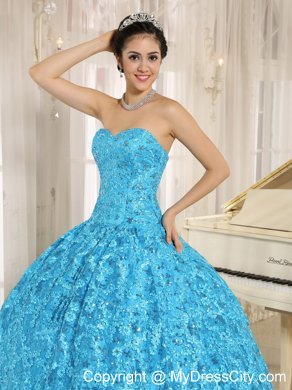 Teal Embroidery and Sequins Quinceanera Dress of Ball Gown